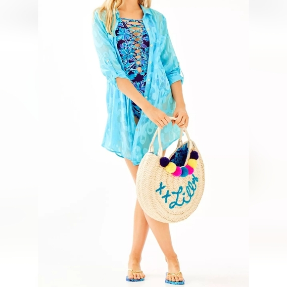 Lilly Pulitzer Positano Straw Tote – Colorful Pom Pom Summer Vibes ☀️ - Picture 1 of 11